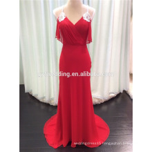 Wholesale Spaghetti Straps V-Neck Crossed Back Beaded Long Design Red Chiffon Slim Evening Dress 2015 Vestidos Femininos C2